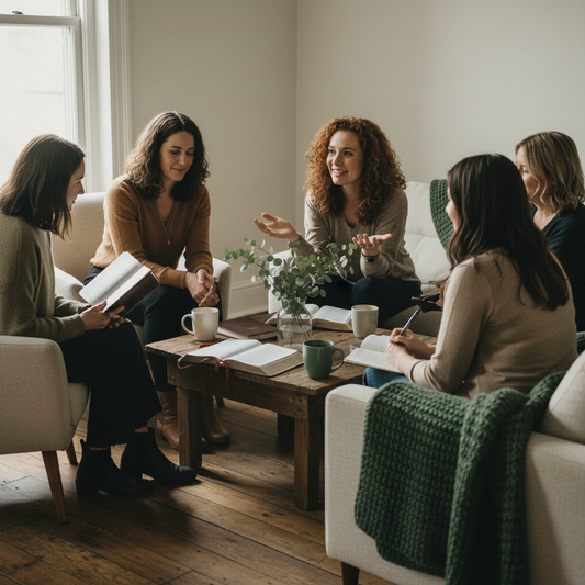 Five women gathered around a wooden coffee table with Bibles, journals, and coffee in a small group meeting