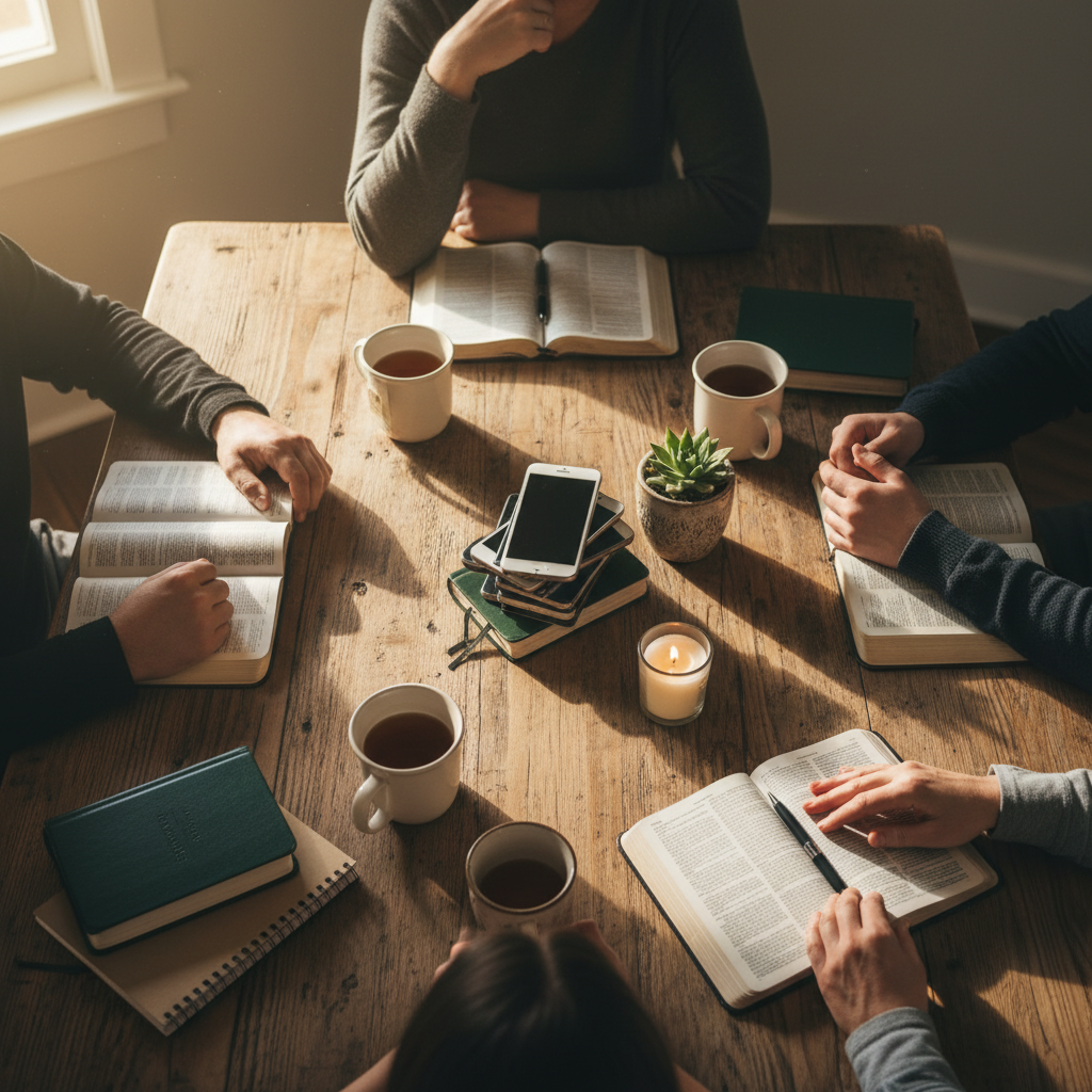 A small group sitting around a coffee table with phones stacked face-down on a side table, conversation cards and an open Bible in the center
