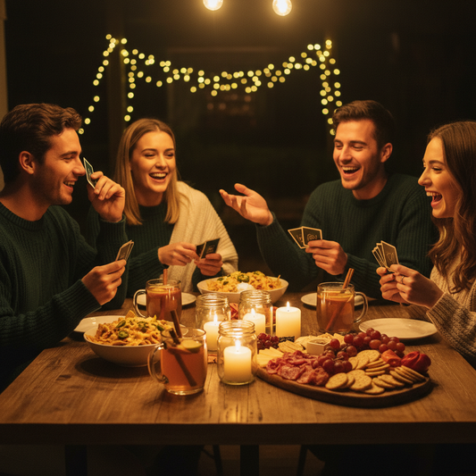 Four young adults around a wooden table at night with cider, nachos, and a conversation card game