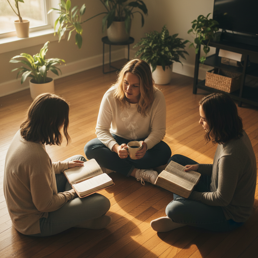 Three friends sitting on a living room floor in deep conversation with journals, Bible, and coffee