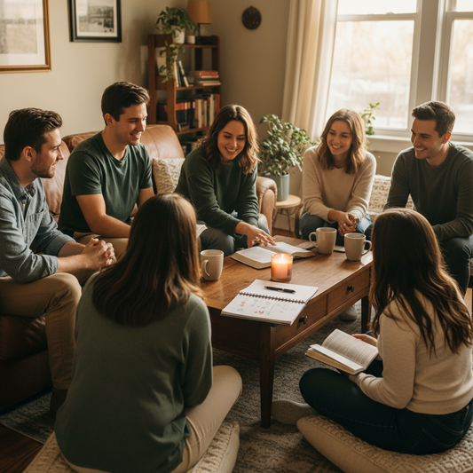Small group of friends sitting around a coffee table in a living room with snacks and an open notebook, mid-conversation