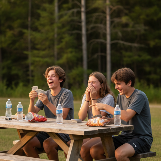 Teens playing a card game at a wooden picnic table outside a church camp in golden hour light